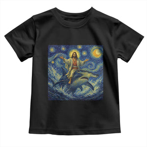 Funny Christian Jesus Riding Hammerhead Shark Toddler T Shirt Starry Night Inspired Art