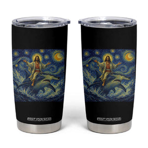 Funny Christian Jesus Riding Hammerhead Shark Tumbler Cup Starry Night Inspired Art