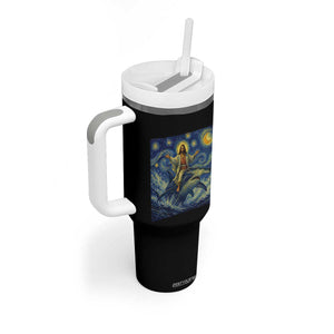 Funny Christian Jesus Riding Hammerhead Shark Tumbler With Handle Starry Night Inspired Art