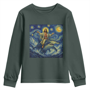 Funny Christian Jesus Riding Hammerhead Shark Youth Sweatshirt Starry Night Inspired Art