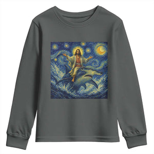 Funny Christian Jesus Riding Hammerhead Shark Youth Sweatshirt Starry Night Inspired Art