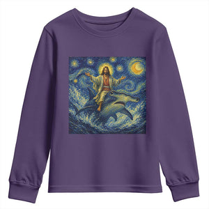Funny Christian Jesus Riding Hammerhead Shark Youth Sweatshirt Starry Night Inspired Art