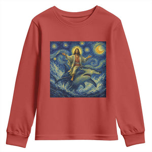 Funny Christian Jesus Riding Hammerhead Shark Youth Sweatshirt Starry Night Inspired Art