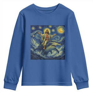 Funny Christian Jesus Riding Hammerhead Shark Youth Sweatshirt Starry Night Inspired Art