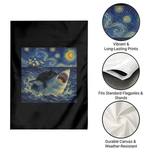 Funny Cat Biting Shark Starry Night Inspired Art Garden Flag