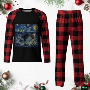 Funny Cat Biting Shark Starry Night Inspired Art Plaid Pajama Set