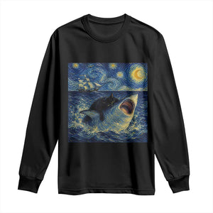 Funny Cat Biting Shark Starry Night Inspired Art Long Sleeve Shirt