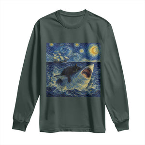 Funny Cat Biting Shark Starry Night Inspired Art Long Sleeve Shirt