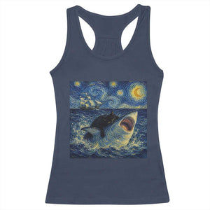 Funny Cat Biting Shark Starry Night Inspired Art Racerback Tank Top