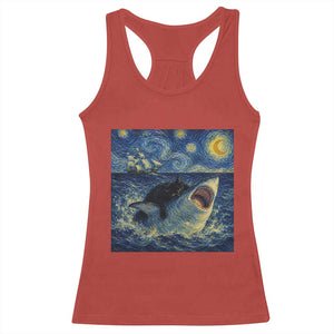 Funny Cat Biting Shark Starry Night Inspired Art Racerback Tank Top