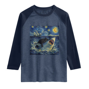 Funny Cat Biting Shark Starry Night Inspired Art Raglan Shirt