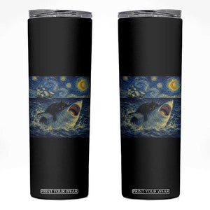 Funny Cat Biting Shark Starry Night Inspired Art Skinny Tumbler