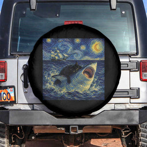 Funny Cat Biting Shark Starry Night Inspired Art Spare Tire Cover