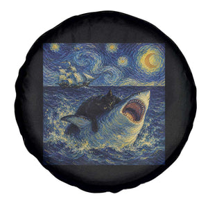 Funny Cat Biting Shark Starry Night Inspired Art Spare Tire Cover