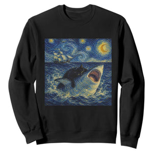 Funny Cat Biting Shark Starry Night Inspired Art Sweatshirt