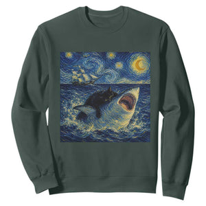 Funny Cat Biting Shark Starry Night Inspired Art Sweatshirt