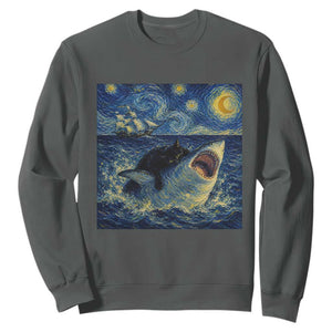 Funny Cat Biting Shark Starry Night Inspired Art Sweatshirt