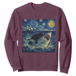 Funny Cat Biting Shark Starry Night Inspired Art Sweatshirt