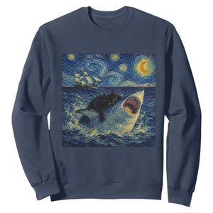 Funny Cat Biting Shark Starry Night Inspired Art Sweatshirt