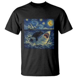 Funny Cat Biting Shark Starry Night Inspired Art T Shirt