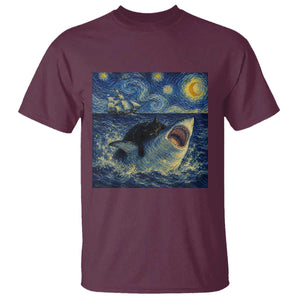 Funny Cat Biting Shark Starry Night Inspired Art T Shirt