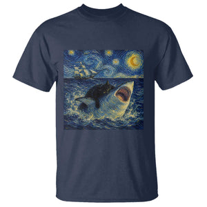 Funny Cat Biting Shark Starry Night Inspired Art T Shirt