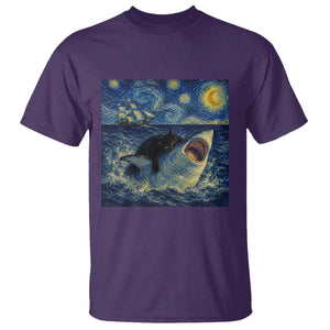 Funny Cat Biting Shark Starry Night Inspired Art T Shirt