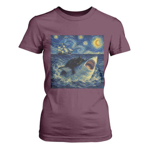 Funny Cat Biting Shark Starry Night Inspired Art T Shirt For Women