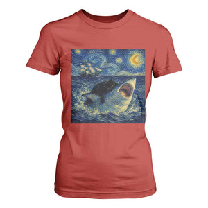 Funny Cat Biting Shark Starry Night Inspired Art T Shirt For Women