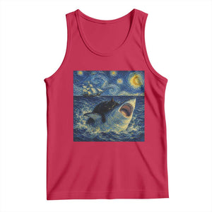 Funny Cat Biting Shark Starry Night Inspired Art Tank Top