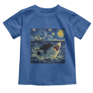 Funny Cat Biting Shark Starry Night Inspired Art Toddler T Shirt
