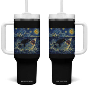 Funny Cat Biting Shark Starry Night Inspired Art Tumbler With Handle
