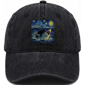 Funny Cat Biting Shark Starry Night Inspired Art Washed Cotton Baseball Cap