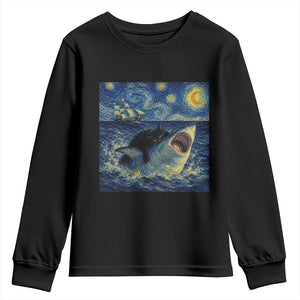 Funny Cat Biting Shark Starry Night Inspired Art Youth Sweatshirt