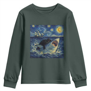 Funny Cat Biting Shark Starry Night Inspired Art Youth Sweatshirt