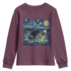 Funny Cat Biting Shark Starry Night Inspired Art Youth Sweatshirt
