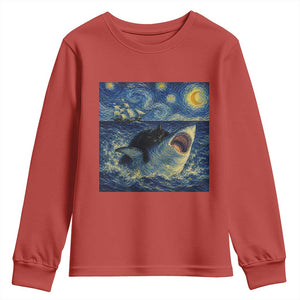 Funny Cat Biting Shark Starry Night Inspired Art Youth Sweatshirt