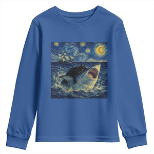 Funny Cat Biting Shark Starry Night Inspired Art Youth Sweatshirt