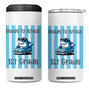 Ready To Attack 1st Grade 4 in 1 Can Cooler Tumbler Funny Shark Driving Car Back To School