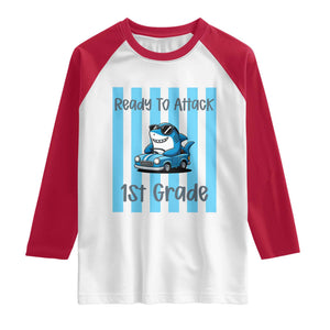 Ready To Attack 1st Grade Raglan Shirt Funny Shark Driving Car Back To School