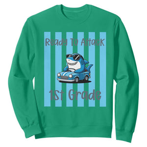 Ready To Attack 1st Grade Sweatshirt Funny Shark Driving Car Back To School TS12 Irish Green Print Your Wear