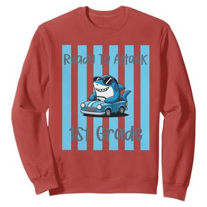 Ready To Attack 1st Grade Sweatshirt Funny Shark Driving Car Back To School TS12 Red Print Your Wear