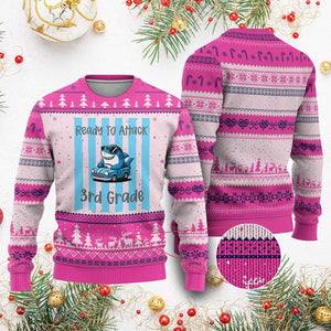 Ready To Attack 3rd Grade Ugly Christmas Sweater Funny Shark Driving Car Back To School
