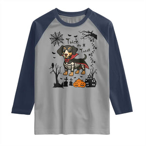 Funny Halloween Gift Raglan Shirt Trick Or Treat With My Dachshund Dracula TS12 Sport Gray Navy Print Your Wear