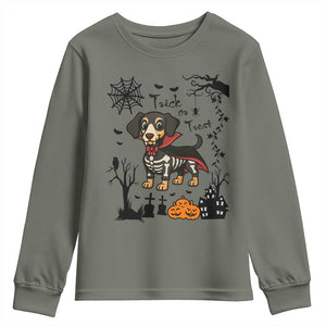 Funny Halloween Gift Youth Sweatshirt Trick Or Treat With My Dachshund Dracula TS12 Military Green Print Your Wear