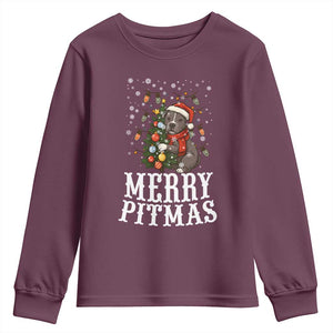 Christmas Pitbull Youth Sweatshirt Funny Merry Pitmas Tree Hug TS12 Maroon Print Your Wear