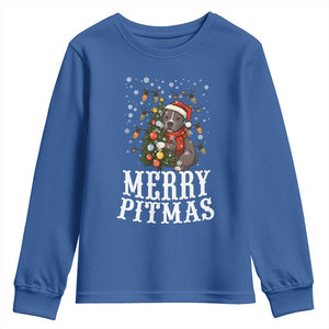 Christmas Pitbull Youth Sweatshirt Funny Merry Pitmas Tree Hug TS12 Royal Blue Print Your Wear