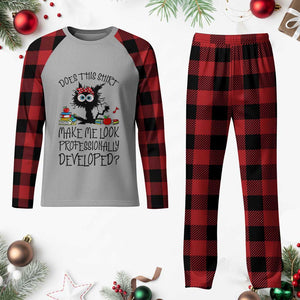 Funny Teacher Black Cat Plaid Pajama Set Does This Shirt Make Me Look Professionally Developed