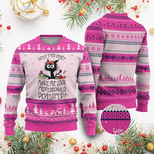 Funny Teacher Black Cat Ugly Christmas Sweater Does This Shirt Make Me Look Professionally Developed