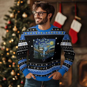 Funny Sloth Hanukkah Ugly Sweater Van Gogh Starry Night Jewish Gift TS12 Black Blue Print Your Wear